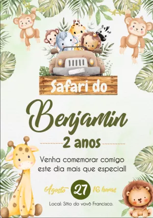 Convite Aniversário Safari com Animais Fofos para Editar