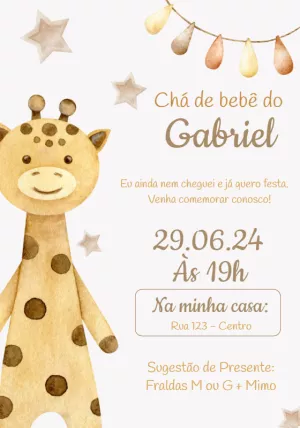 Convite Chá de Bebê Girafinha Aquarela para Editar Online