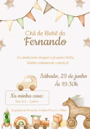 Convite Chá de Bebê Brinquedos de Madeira para Editar Online