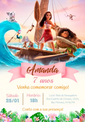 Convite de Aniversário Moana com Personagens para Editar