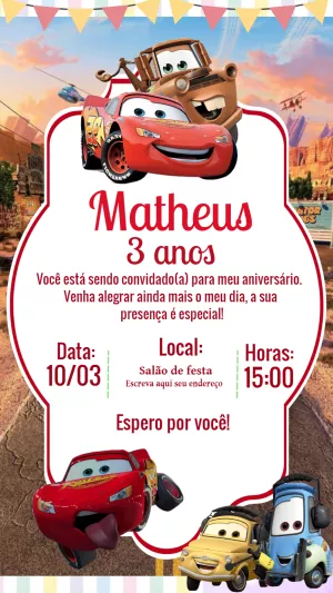 Convite de Aniversário Carros Relâmpago McQueen para Editar