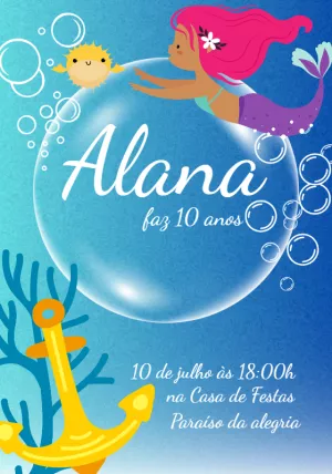 Convite Aniversário Sereia Fundo do Mar para Editar Online