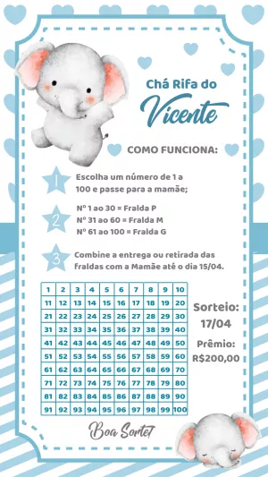 Chá Rifa de Bebê Elefantinho Azul para Editar Online