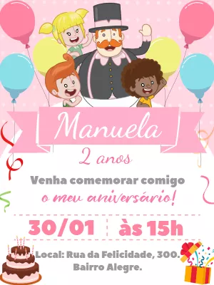 Convite Aniversário Mundo Bita Rosa para Editar Online