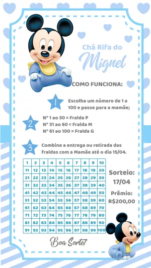 Chá Rifa Mickey Baby Azul: Convite Editável para Imprimir