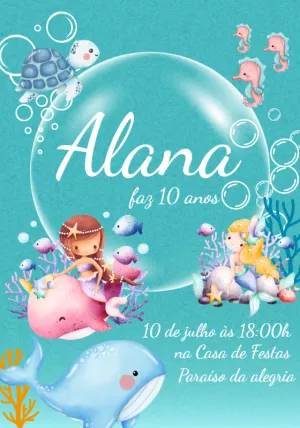 Convite de Aniversário Sereia Fundo do Mar para Editar Online
