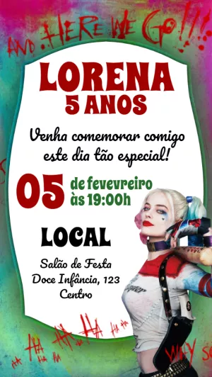 Convite de Aniversário Arlequina para Editar e Imprimir Online