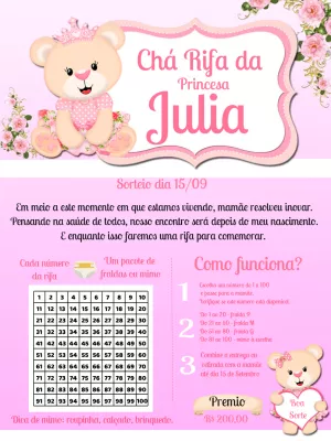 Convite Chá Rifa Ursinha Princesa para Editar Online