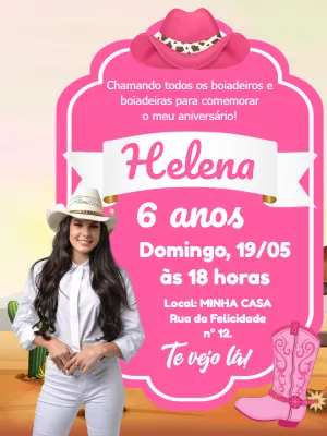Convite de Aniversário Boiadeira com Foto para Editar Online