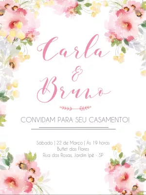 Convite de Casamento Floral Aquarela Rosa para Editar Online