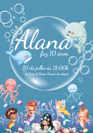 Convite de Aniversário Sereia Fundo do Mar para Editar