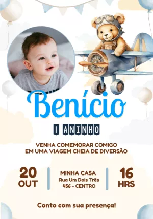 Convite Aniversário Ursinho Aviador com Foto para Editar Online