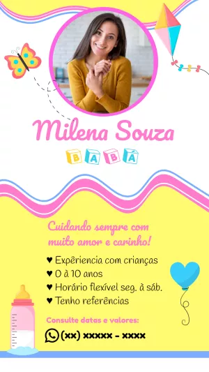 Cartão de Visita Digital para Babá com Foto Editável Online