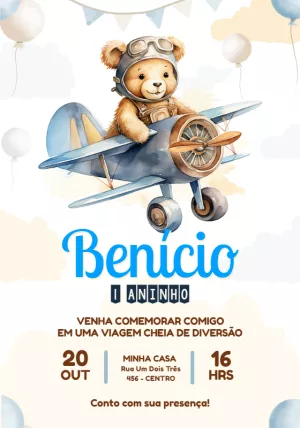 Convite de Aniversário Ursinho Aviador para Editar Online