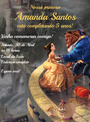 Convite Aniversário A Bela e a Fera para Editar Online