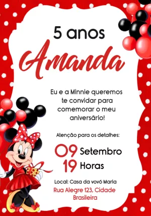 Convite Aniversário Minnie Vermelha para Editar Online
