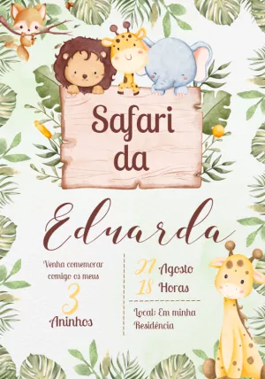 Convite Aniversário Safari com Animais Fofos para Editar Online