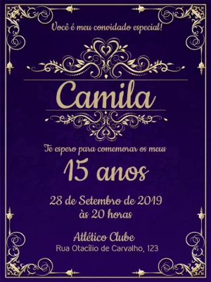Convite 15 Anos Roxo e Dourado Elegante para Editar Online