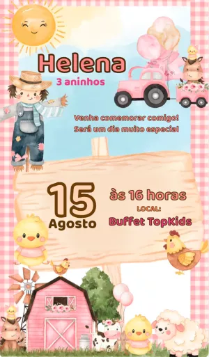 Convite Aniversário Fazendinha Rosa Aquarela para Editar Online