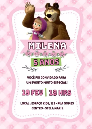 Convite Aniversário Masha e o Urso Rosa para Editar Online