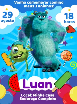 Convite de Aniversário Monstros SA com Personagens para Editar