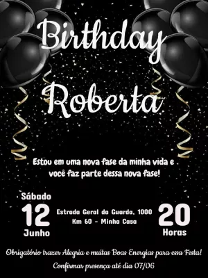 Convite de Aniversário Preto e Dourado com Balões para Editar