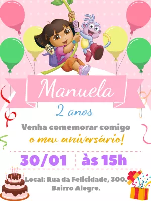 Convite Aniversário Dora Aventureira Rosa para Editar Online