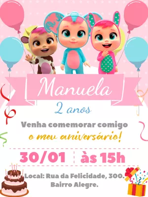 Convite Aniversário Cry Babies Rosa para Editar Online