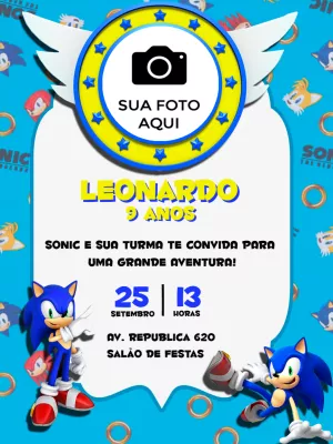Convite de Aniversário Sonic com Foto para Editar Online