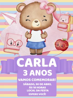 Convite de Aniversário Ursinha Escolar para Editar Online