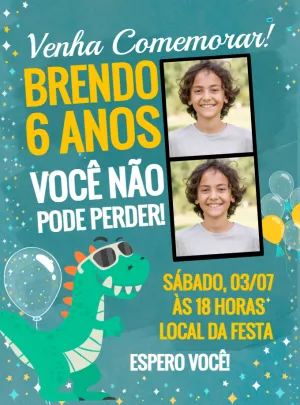 Convite Aniversário Dinossauro com Foto para Editar Online