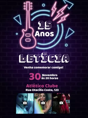 Convite 15 Anos Neon Rock com Foto para Editar Online
