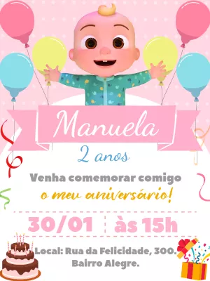 Convite Aniversário Cocomelon Rosa para Editar Online