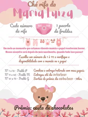 Convite Chá Rifa Ursinha Princesa Editável Online