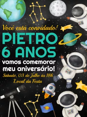 Convite de Aniversário Astronauta no Espaço para Editar Online