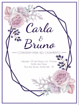 Convite de Casamento Floral Roxo e Branco para Editar Online