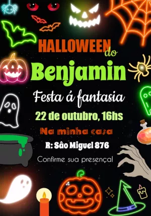 Convite Aniversário Halloween Neon para Editar Online