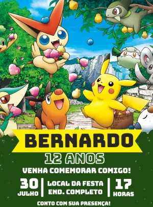 Convite Aniversário Pokémon com Personagens para Editar