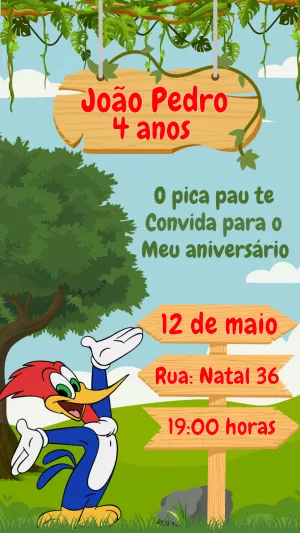 Convite de Aniversário Pica-Pau para Editar Online