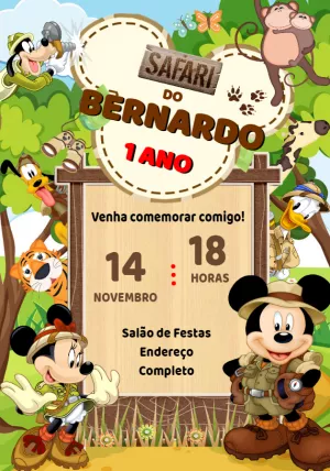 Convite Aniversário Mickey Safari para Editar Online e Imprimir