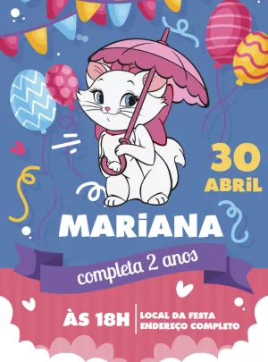 Convite de Aniversário Gatinha Marie para Editar Online