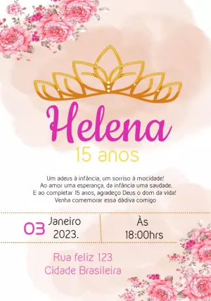 Convite de 15 Anos Floral com Coroa para Editar Online