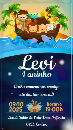 Convite de Aniversário Arca de Noé com Animais para Editar