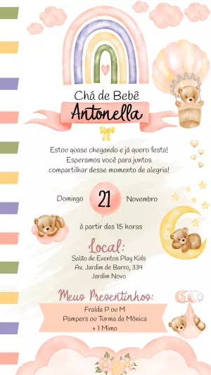 Convite Chá de Bebê Ursinha Baloeira e Arco-íris para Editar