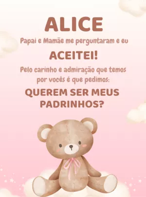 Convite para Padrinhos Ursinho Rosa para Editar Online