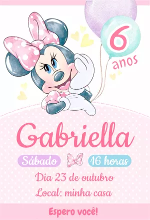 Convite de Aniversário Minnie Aquarela para Editar Online