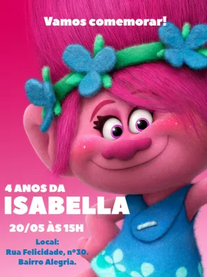Convite de Aniversário Trolls Poppy para Editar Online