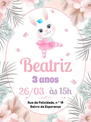 Convite Aniversário Coelhinha Bailarina para Editar Online