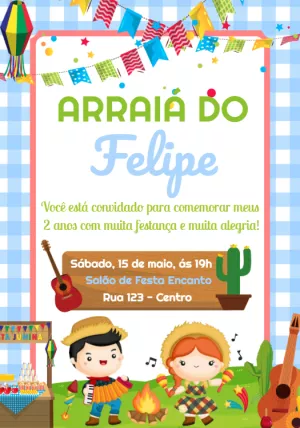 Convite Aniversário Festa Junina com Personagens para Editar