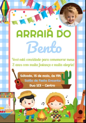 Convite Arraiá Infantil com Foto para Editar Online